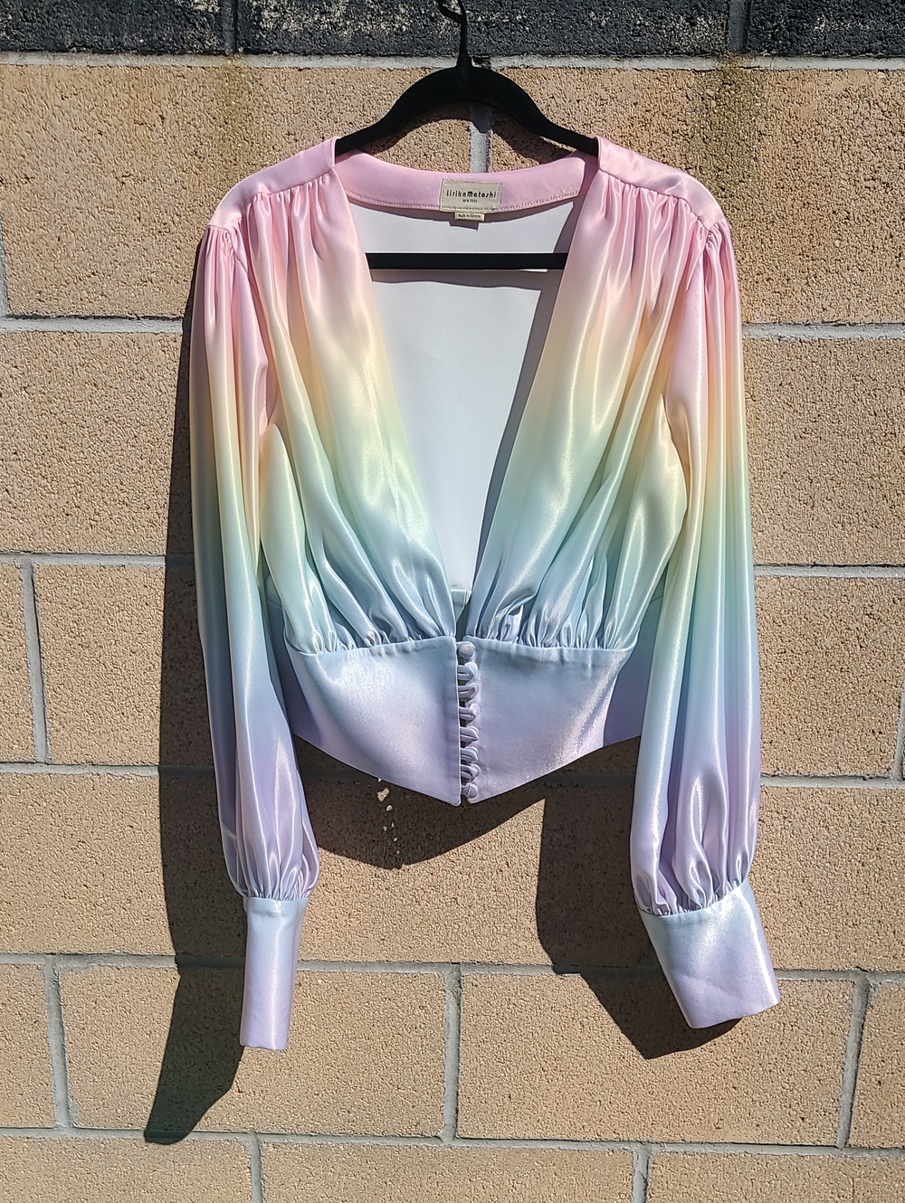 Lirika Matoshi Pastel Rainbow Satin V-Neck Blouse